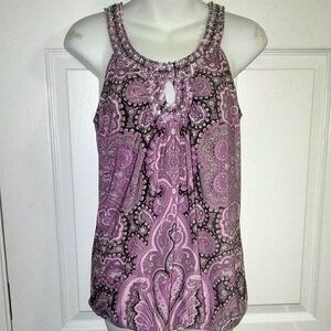 INC International Concepts Pink and Lavender Paisley Print Beaded Tank Top
